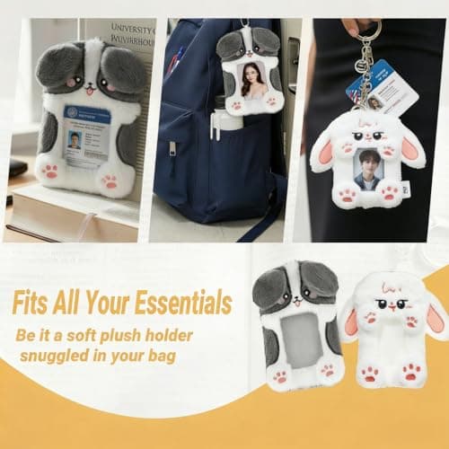 2PCS Cute Plush Photocard Holder with Keychain, Cartoon Animal Photo Sleeve ID Bank Badge Holder, Soft Idol Photo Protective Cover for Fans School Office, Best Christmas Birthday Gift - Thumbnail 6