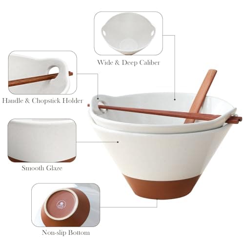 MALACASA 42 oz Ceramic Ramen Bowl Set with Wooden Spoon & Chopsticks, Japanese Style Soup Bowls for Ramen, Pho, Noodles – Set of 2, Microwave & Oven Safe – TARA Series (White and Khaki) - Thumbnail 4