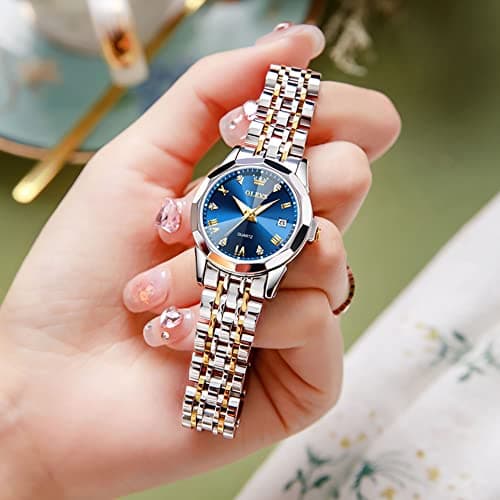 OLEVS Watch Women Silver Blue Womens Watches Dainty Two Tone Stainless Steel Ladies Watches for Women Small Wrist Waterproof Diamond Analog Female Bracelet Day Date Dress Reloj para Mujer - Thumbnail 4