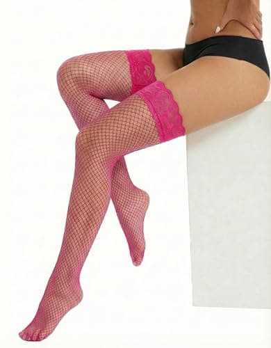Avidlove Lace Top Thigh High Stockings for Women Sexy Fishnet Stocking Sheer Lingerie Tights Rose Red Medium Fishnet - Thumbnail 3