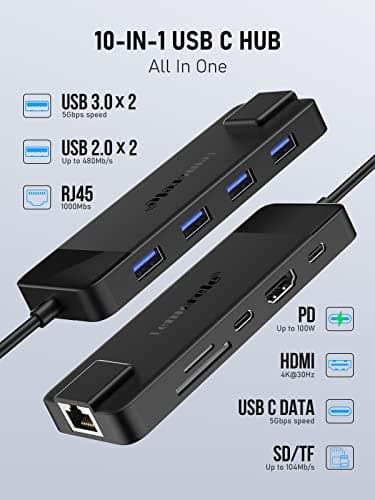 Lemorele USB C Hub Multiport Adapter 10-in-1 USB C Dongle for MacBook Pro Air, Gigabit Ethernet with 4K HDMI, 100W PD, USB 3.0 5Gbps Port, SD/TF Card Reader Adapter, Compatible for Windows/Mac/iPad… - Thumbnail 2