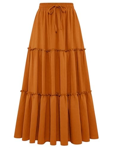 Arolina Long Skirts for Women Trendy High Waisted Boho Maxi Skirt with Pockets for Summer Spring Fall Holiday Orange XL - Image 1
