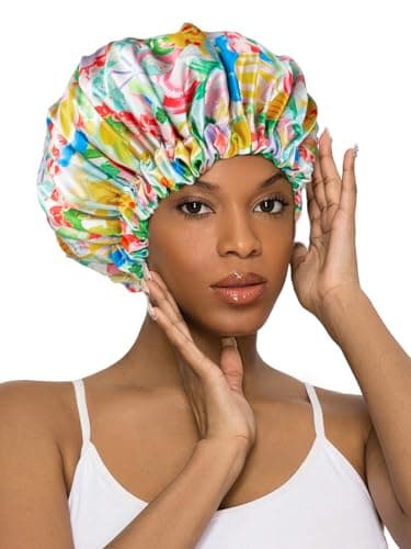 Vettres Silk Hair Bonnet for Sleeping with Scrunchie Adjustable Sleep Bonnets Double Layer Satin Sleep Cap for Curly Hair Colorful Flower - Thumbnail 2