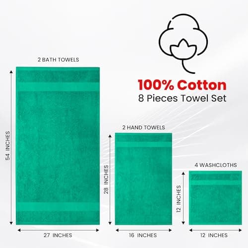 Infinitee Xclusives Luxury 100% Cotton Towel Set – 8 Piece Bathroom Towel Set (2 Bath Towels, 2 Hand Towels, 4 Washcloths) – Soft & Absorbent Towels for Bathroom (Vivid Green) - Thumbnail 3