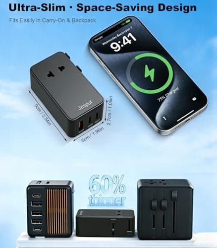 Jasput Universal Travel Adapter, 2026 Ultra-Slim Mini International Plug Adapter with 2 USB-C & 1 USB-A, PD 25W Fast Charging, 1 AC Outlet,Compatible with EU/UK/AU/Asia, Travel Essentials - Thumbnail 3