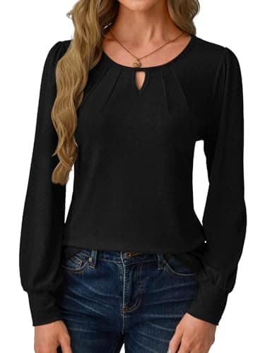 GKBK Women's Long Sleeve Tops Dressy Business Casual Blouses Basic Loose Fit V Neck Work Office Shirt Pleated Keyhole Puff Comfy 2025 Fall Winter Trendy Clothes Going Out Outfits Black Large - Thumbnail 2