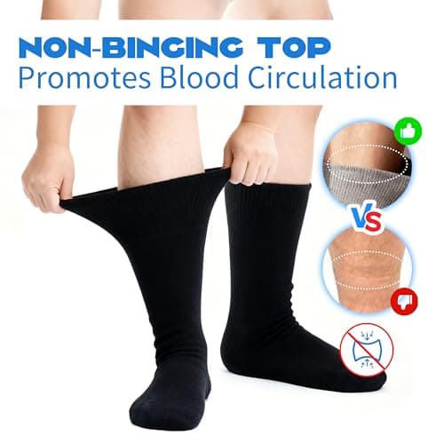 Forcool 3 Pairs Merino Wool Diabetic Men's Women's Non Binding Loose Top Extra Wide Calf Large Cushion Socks Dress Crew Socks with Seamless Toe, X Large Black - Thumbnail 3