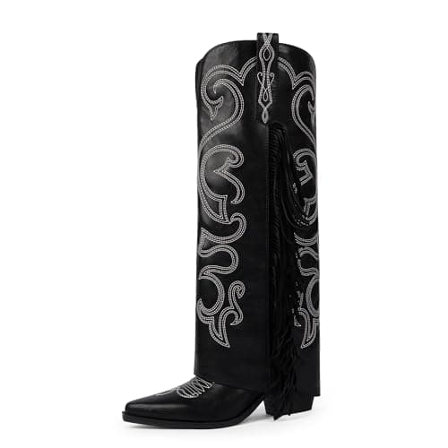QIY Cowboy Boots for Women Black Fold Over Cowgirl Boots Knee High Cow Boy Pointed Toe Chunky Block High Heel Cow Girl Fringe Boot Wide Calf Western Embroidered with Tassels Shark Boot Size 7.5 - Image 1