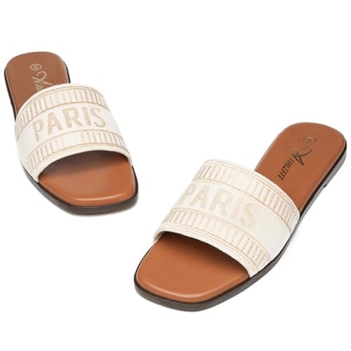 Athlefit Women's Slides Summer Fashion Slip On Flat Sandals Dressy Beige Size 10 - Thumbnail 6