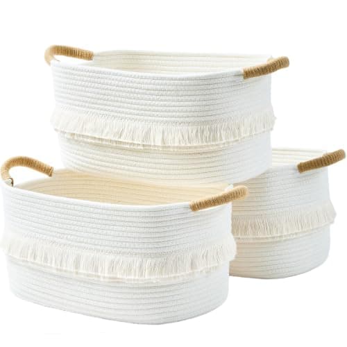 BUBUSUN Woven Baskets, 3-Pack Storage Basket for Living Room, Bedroom, Nursery, Stylish Gift Basket with Handles, Cotton Rope Basket for Toys and Shelves, Multi-Purpose Organizer, White - Image 1