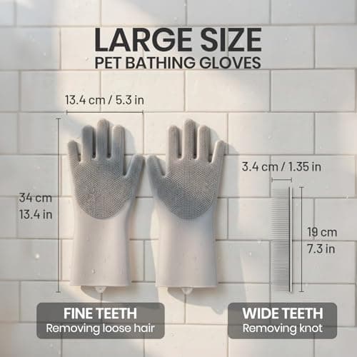 DELOMO Dog Washing Gloves with Comb: Soft and Gentle Silicone Pet Grooming Gloves - Bathing Scrubber Brush Mitt Grooming Shedding Fur Removal Massage for Dogs/Cats/Horse, Grey - Thumbnail 4