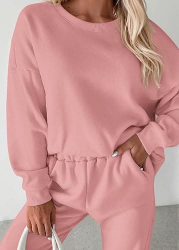 KIRUNDO Sweatsuits Women 2 Piece Outfit Matching Workout Lounge Sets Spring Fall Clothing Tracksuit Airport Travel Outfits(Pink,X-Large) - Thumbnail 4