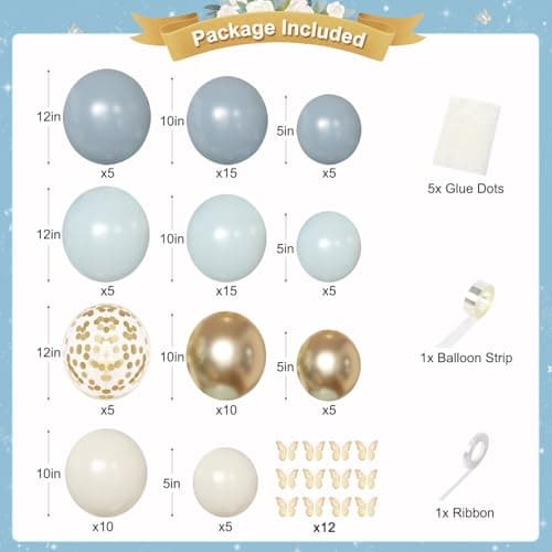 Blue Birthday Decorations, Dusty Light blue Sand White Gold Confetti Foil Balloons Happy Birthday Banner Gold Butterfly Fringe Curtains, Dusty Blue Birthday Decorations for Girls Women - Thumbnail 2