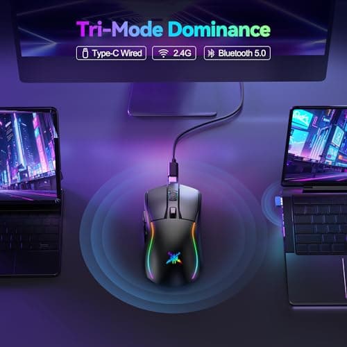 TECKNET Tri-Mode Wireless Gaming Mouse, RGB Backlit Bluetooth 5.0/2.4G/USB-C Rechargeable Ergonomic Mouse with 6 Programmable Buttons, 24000 DPI, 1000Hz Polling Rate, for PC Laptop Mac Gamer - Thumbnail 2