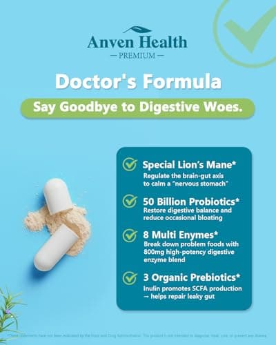 Anven Health 800mg Digestive Enzymes for Men and Women with Probiotics & Organic Prebiotics, 8 Key Enzymes, Protease, Amylase & Lipase for Bloating, Gas Relief, Non-GMO | 90 Capsules - Thumbnail 3