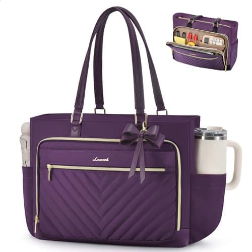 LOVEVOOK 17 Inch Laptop Tote Bag for Women, Work Bag for Teacher with Large Cup Holder,Quilted Nurse Diaper Bag for Travel, Computer Women's handbags for Teacher gift, Purple
