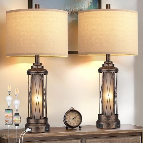 Qimh Farmhouse Table Lamps for Living Room, Rustic Nightstand Lamp for Bedroom with USB A+C Charging Ports, Frosted Glass Bedside Lamp with Night Light for Entryway End Table, 4 Bulbs Included, Bronze - Image 1