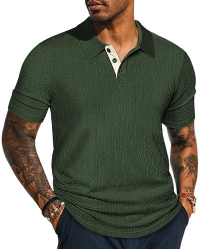 PJ PAUL JONES Mens Casual Shirts Fashion Textured Polo Shirts Lightweight Knit Polo Tees Shirt Short Sleeve Army Green XXL - Image 1