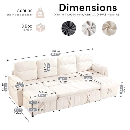 Tbfit 108'' Pull Out Sofa, Cloud Sleeper Sofa Bed with USB & 2 Storage Chaises, Comfy Oersized U Shaped Convertible Sectional Sleeper Couches for Living Room, Apartment, Office, White Sherpa - Thumbnail 2