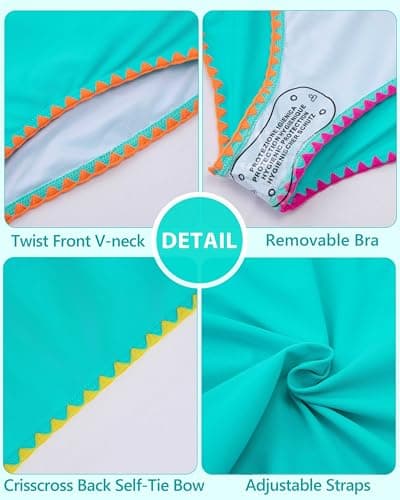 HOZIY Girl Swimsuits Teen Kids Two Piece Bikini Sets Mint Green V-Neck Crisscross Bathing Suit Juniors Adjustable Straps Swim Swimwear Size 14-16 - Thumbnail 5