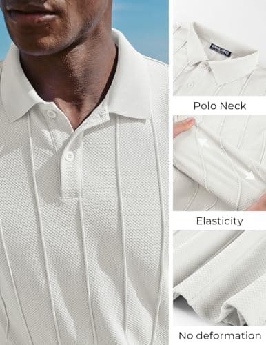 PJ PAUL JONES Mens Knit Polo Shirts Short Sleeve Textured Polo Golf Collared Shirt Casual Vacation Fashion Tops White M - Thumbnail 4