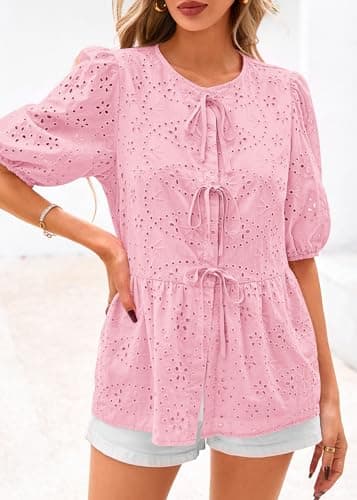 KIRUNDO Peplum Tops for Women 2026 Summer Eyelet Tie Front Blouses Casual Short Lantern Sleeve Cute Y2K Lace Babydoll Shirts(Pink, Small) - Thumbnail 6