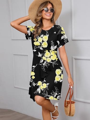 Heymoments Women's Short Sleeve Dress Floral Print Small Round Neck Casual Flowy Midi Sundress Comfy Tshirt Ladies Teachers Summer Beach Swing 2025 Novelty Boho Dresses with Pockets - Thumbnail 4