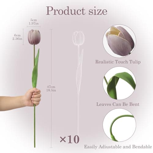 LILUYTO Lavender Mist Fake Tulips,18.5" PU Artificial Tulips Flowers for Spring Easter Home Kitchen Wedding Bouquet Bulk Mother's Gift Day Decorations - Thumbnail 2