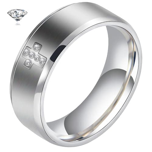 SYDNFZY Mens Wedding Band Ring - 8mm Stainless Steel Engagement Promise Rings for Men Women, Cross Classic Ring with Cubic Zirconia for Men Jewelry Gift Ring Size 6 7 8 9 10 11 (Silver, 6) - Image 1