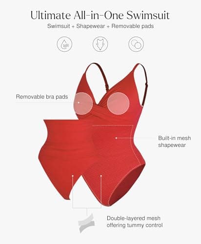 Popilush One Piece Swimsuit Women Tummy Control V Neck Ruched Shapewear Swimsuits Summer Beach Pool Vacation Red - Thumbnail 4