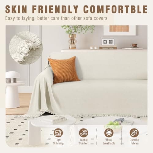TAOCOCO Couch Cover, Couch Cover Blanket for Sofa, Thick Durable Throw for Sectional Couch, Washable Furniture Protector for Dogs Kids, Tassel Trim, 71''x150'' Beige - Thumbnail 4