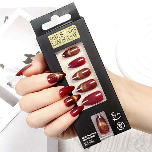 Red Cat Eye Press On Nails - Almond Glitter Static Fake Nails, Handcrafted Reusable Manicure for Glam Party Style, 24 Nails in 12 Sizes with Glue, Tabs, File, Prep Pad, Manicure Stick - Thumbnail 3