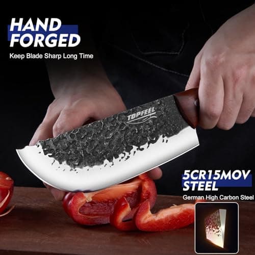 Topfeel 8PCS Chef Butcher Fish Knife Set for Meat Cutting with Roll Bag, Hand Forged Meat Cleaver Knife Boning Carving Knife Set for Home、Camping、BBQ - Thumbnail 6