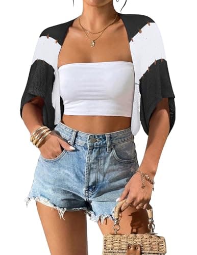 BB&KK Women's Cardigans Short Sleeve Spring Summer Crochet Knit Bolero Shrug 2026 Hollow-Out Batwing Striped Dressy Casual Tops - Image 1
