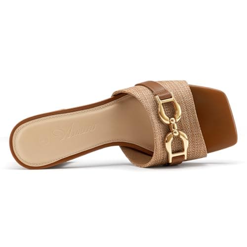 Athlefit Mules Chunky Heels for Women Brown Raffia Slip On Heeled Sandals Square Open Toe 2 Inch Low Block Heels for Summer Dressy - Thumbnail 6