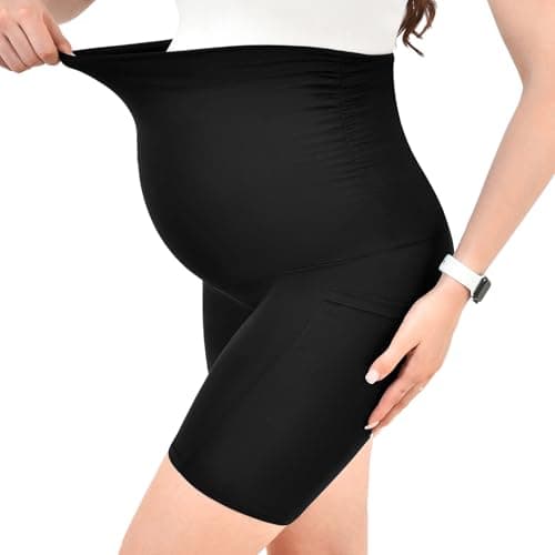 Walifrey Women's Maternity Shorts with Pockets Over The Belly,Pregnancy Yoga Pants Activewear Biker Shorts Casual Black L - Thumbnail 3