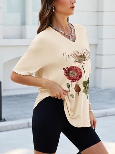 Anbech Oversized Tshirts for Women Summer Flowers V Neck Graphic Vintage Tees Short Sleeve Casual Loose Woens Basic Tops,Apricot Flower,Medium - Thumbnail 5