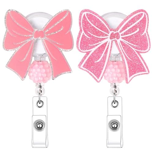 2 Pack Pink Bow Badge Reel Retractable Nurse Gifts Badge Reels with Alligator Clip ID Badge Holder for Teacher Office Work Student - Image 1