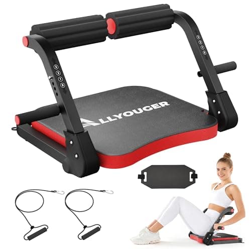 Ab Machine, Adjustable Core Trainer with 3 Resistance Levels, Sit Up Exercise Equipment with Support Handles & Cushioned Pad to Reduce Back Strain, Low-Impact Home Gym Gear for All Ages (Red)