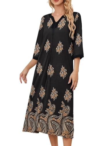 PITINAN Mumu Dresses for Women Cotton House Dress for Women Robes Long Zipper Front House Coat Womens Long Sleeve Nightgowns Black Paisley XL - Image 1