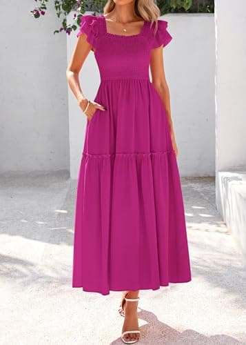 KIRUNDO Smocked Summer Dresses for Women 2026 Wedding Guest Midi Flowy Ruffle Short Sleeve Square Neck Tiered Sundress(Rose Red, XX-Large) - Thumbnail 3