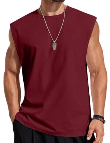COOFANDY Men's Cotton Sleeveless Shirts Gym Muscle Tank Tops Cut Off Loose Fit Tees Dark Red Small - Image 1