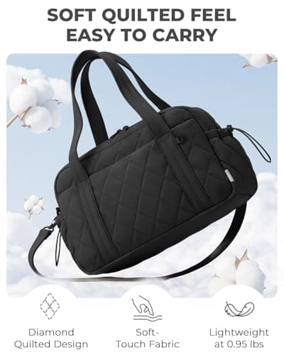 Percover Gym Bag for Women, Lightweight Quilted Travel Duffle Bag & Weekend Bag, Carry On Gym Duffle with Organized Compartments for Yoga & Short Trips, Black - Thumbnail 2