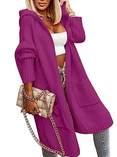 Aoysky Womens Long Cardigans Cable Knitted Open Front Oversized Hooded Outerwear Sweater Coat Purple