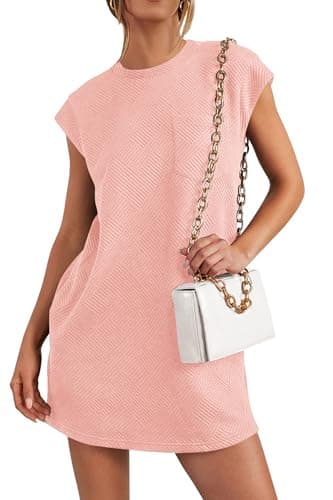 PRETTYGARDEN Women's Summer Short T Shirt Dress Cap Sleeve Crew Neck Casual Loose Basic Mini Dresses (Pink,X-Large) - Image 1