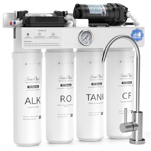 SimPure T2-600A Alkaline Reverse Osmosis Water Filter System, NSF/ANSI 58 Certified, Built-in Pressure Tank Filter, UV, 600 GPD 8 Stage RO Filtration with Mineral, 2:1 Pure to Drain Ratio