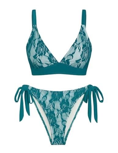 seamoly 2 Pieces Lace Bikini V-Neck Swimsuits for Women Tie Side Bikini Set Peacock Green S - Image 1