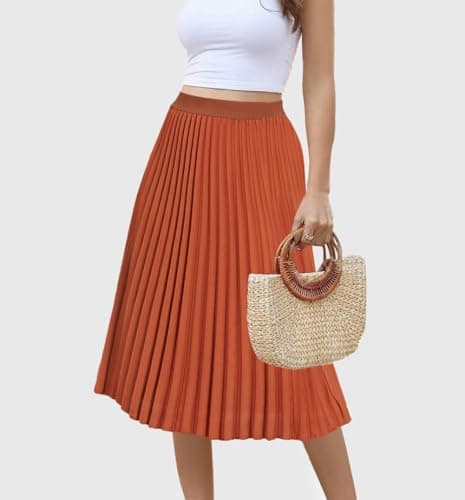 Women's Midi Skirt Elastic High Waist Pleated Skirt Knee Length Swing A-Line Casual Flowy Skirts 2025 Red Brown,XXL - Thumbnail 3