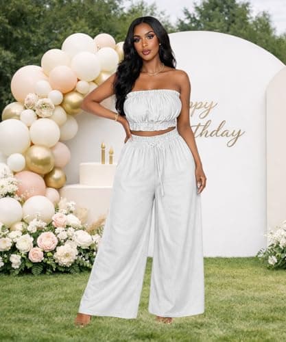 ABKY Two Piece Sets for Women Going Out Summer Off Shoulder Tube Top Palazzo Pants Set Vacation Birthday Party Date Night Outfits White 2XL - Thumbnail 3