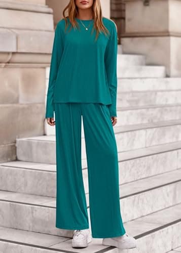 KIRUNDO Spring 2 Piece Lounge Sets for Women Long Sleeve Ribbed Knit Tops Wide Leg Pants Matching Travel Outfits Postpartum(Lake Blue, Small) - Thumbnail 5